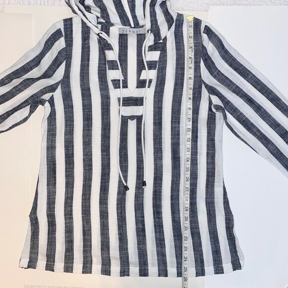 209 wst 38 Linen Cotton Top White Grey Stripes Drawstring Hoodie Blouse sz 6 EUC - Picture 9 of 11